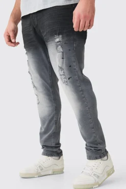 Plus Dark Grey Stretch Skinny Paint Effect Jean | BoohooMAN UK