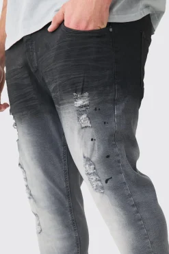 Plus Dark Grey Stretch Skinny Paint Effect Jean | BoohooMAN UK