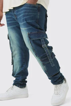 Plus Dark Wash Stretch Skinny Cargo Pocket Detail Jean | BoohooMAN UK
