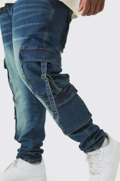 Plus Dark Wash Stretch Skinny Cargo Pocket Detail Jean | BoohooMAN UK