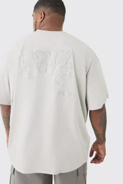 Plus Distressed Applique Loose V Neck T-shirt In Grey | BoohooMAN UK