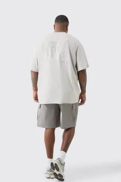 Plus Distressed Applique Loose V Neck T-shirt In Grey | BoohooMAN UK