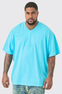 Plus Distressed Applique Loose V Neck T-shirt In Blue | BoohooMAN UK