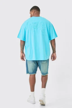 Plus Distressed Applique Loose V Neck T-shirt In Blue | BoohooMAN UK