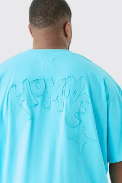 Plus Distressed Applique Loose V Neck T-shirt In Blue | BoohooMAN UK
