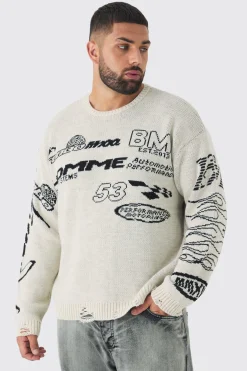 Plus Distressed Moto Crew Neck Jumper | BoohooMAN UK