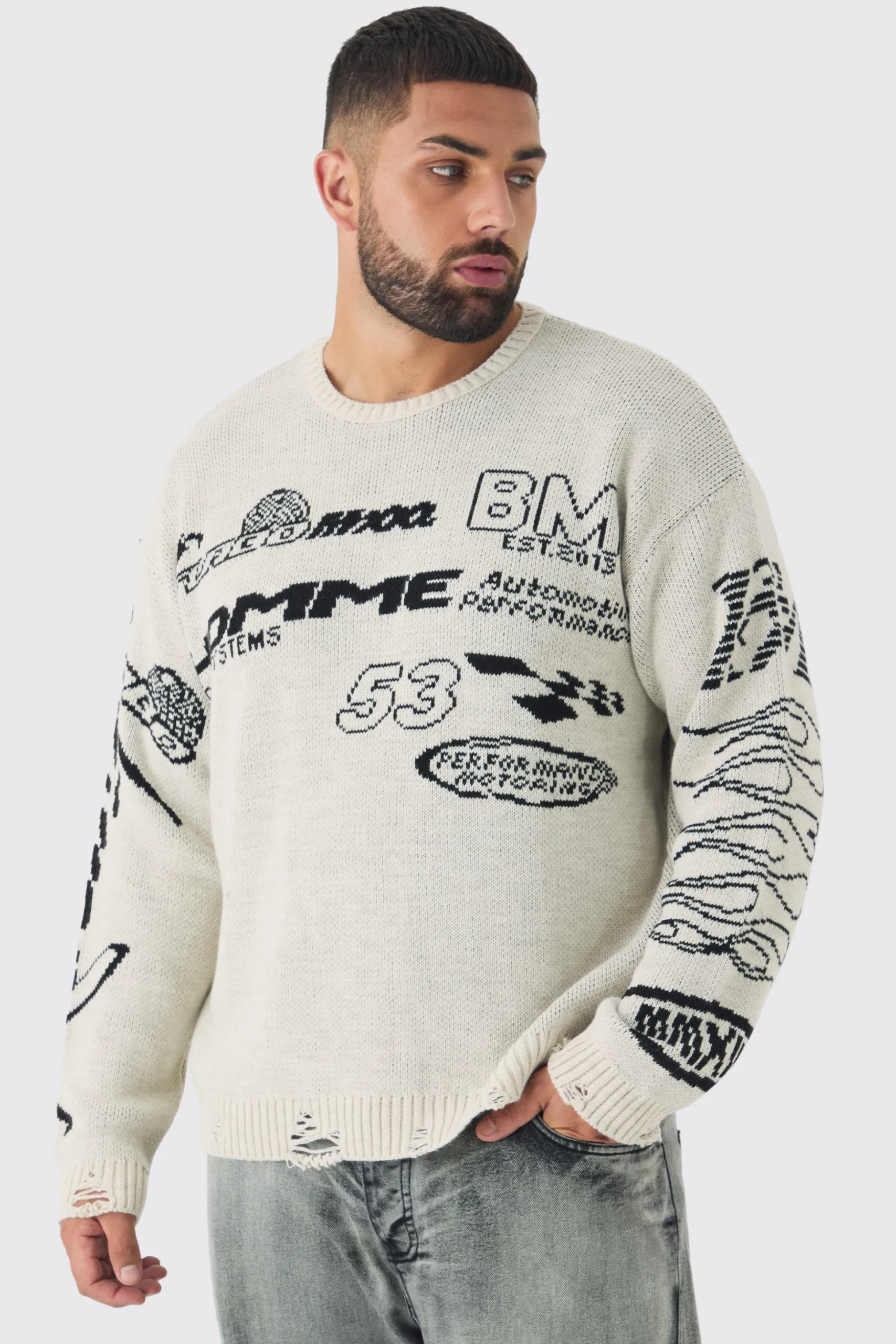 Plus Distressed Moto Crew Neck Jumper | BoohooMAN UK