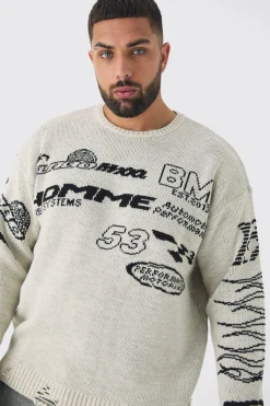 Plus Distressed Moto Crew Neck Jumper | BoohooMAN UK