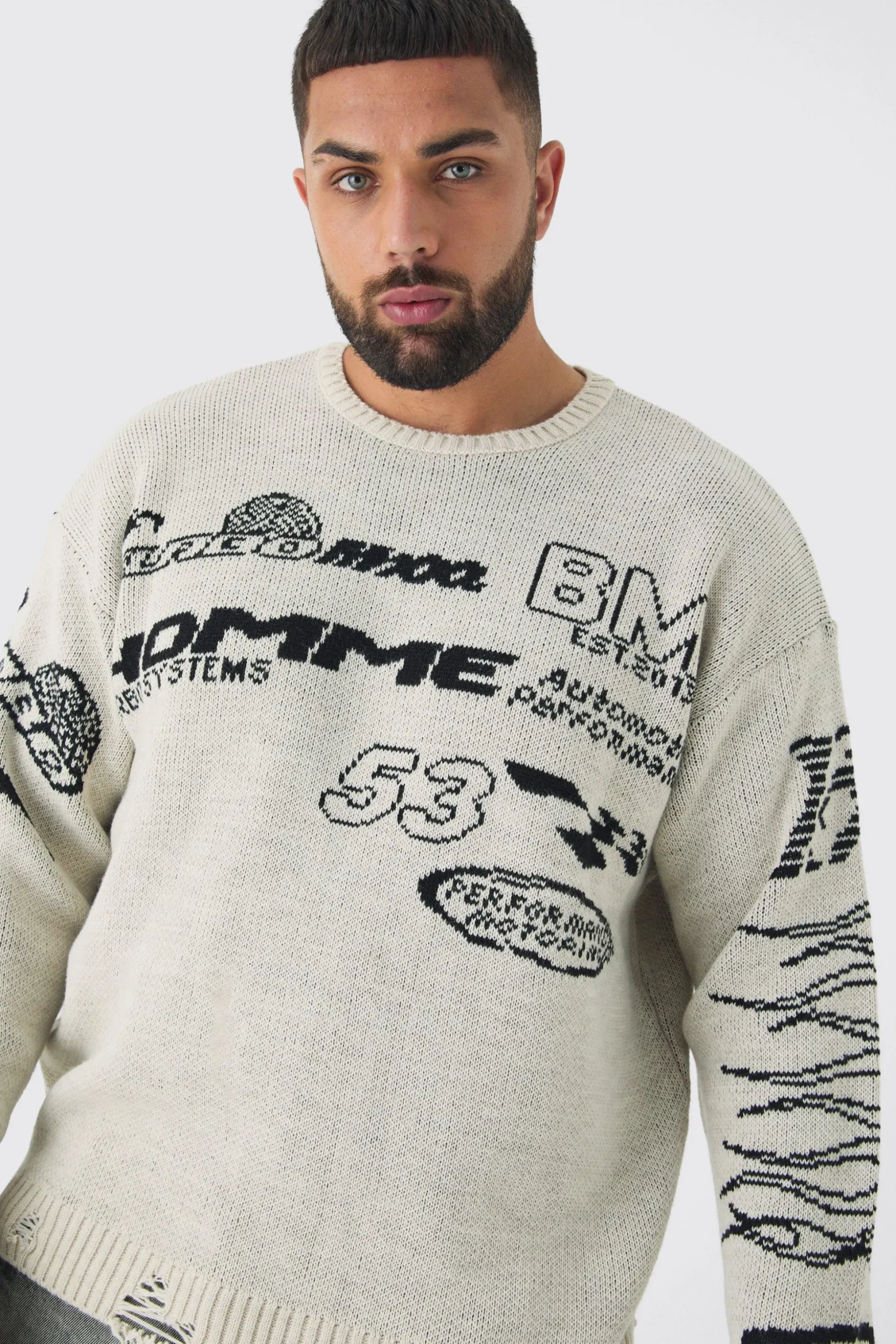 Plus Distressed Moto Crew Neck Jumper | BoohooMAN UK