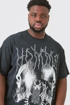 Plus Distressed Oversized Acid Wash Gothic Print T-shirt | BoohooMAN UK