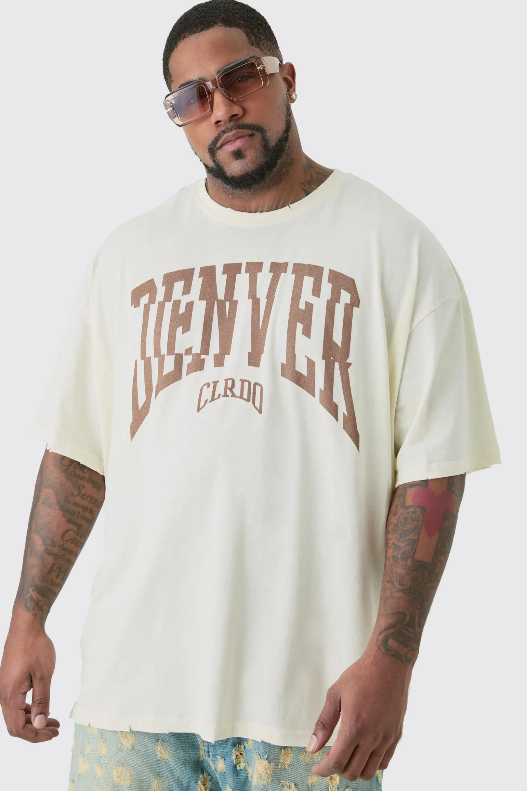 Plus Distressed Oversized Acid Wash Denver Varsity T-shirt | BoohooMAN UK