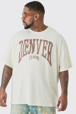 Plus Distressed Oversized Acid Wash Denver Varsity T-shirt | BoohooMAN UK