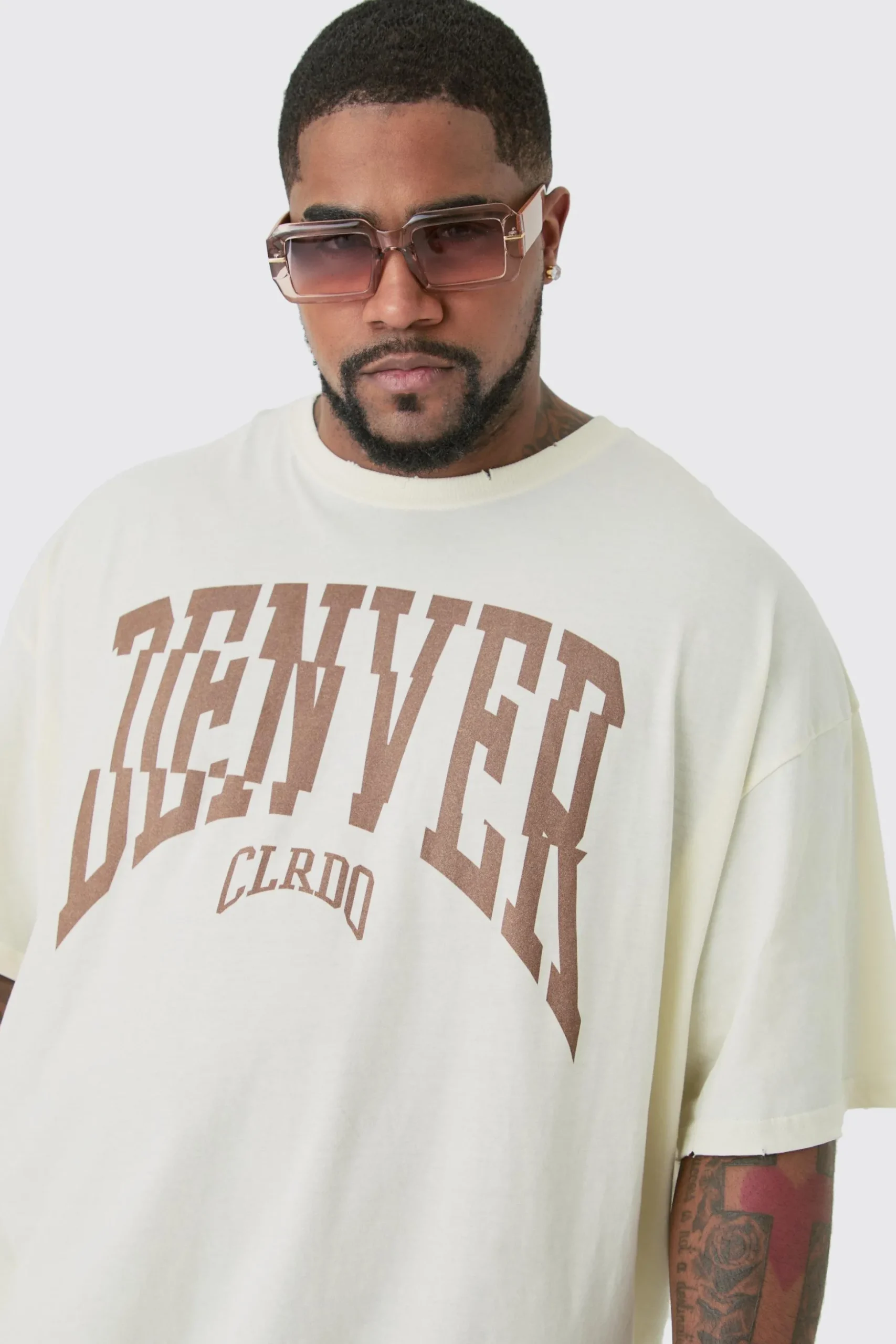 Plus Distressed Oversized Acid Wash Denver Varsity T-shirt | BoohooMAN UK