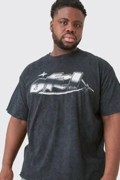 Plus Distressed Oversized Acid Wash Graphic T-shirt | BoohooMAN UK
