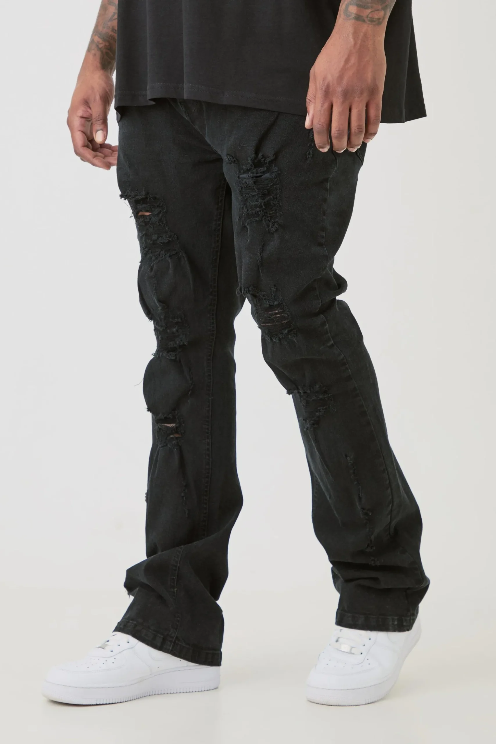 Plus Distressed Stretch Skinny Flared Jeans | BoohooMAN UK