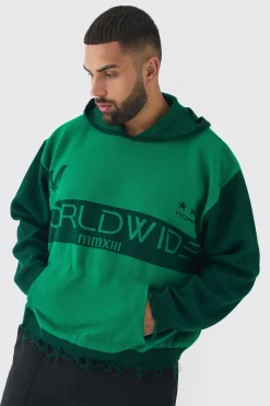 Plus Distressed Varsity Hoodie | BoohooMAN UK