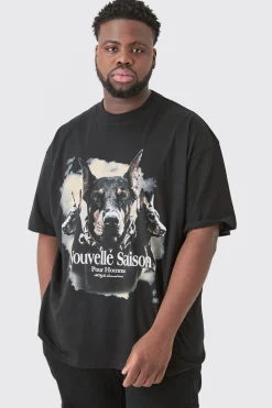 Plus Dobermann Printed Graphic Oversized T-shirt | BoohooMAN UK