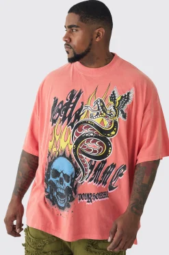 Plus Doodle Skull Homme Printed T-shirt In Coral | BoohooMAN UK