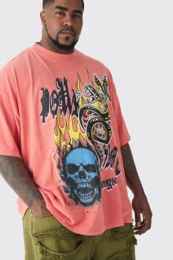 Plus Doodle Skull Homme Printed T-shirt In Coral | BoohooMAN UK