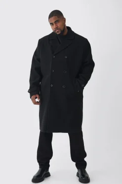 Plus Double Breasted Wool Look Overcoat In Black | BoohooMAN UK