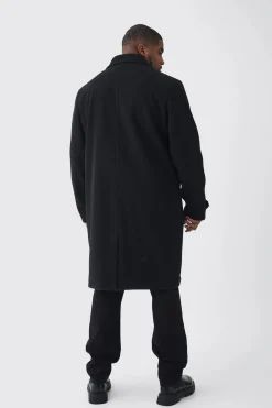 Plus Double Breasted Wool Look Overcoat In Black | BoohooMAN UK