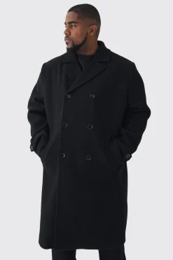Plus Double Breasted Wool Look Overcoat In Black | BoohooMAN UK