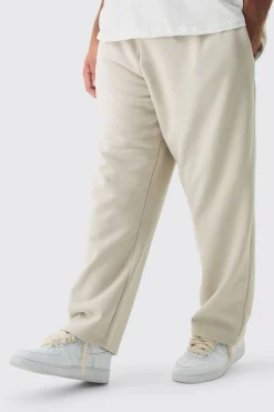 Plus Double Waistband Baggy Fit Jersey Bottoms In Stone | BoohooMAN UK