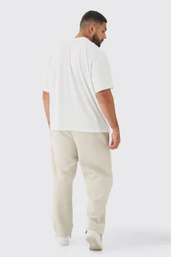 Plus Double Waistband Baggy Fit Jersey Bottoms In Stone | BoohooMAN UK