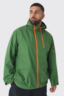 Plus Double Zip Hooded Windbreaker In Khaki | BoohooMAN UK