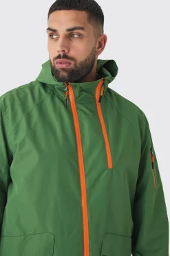 Plus Double Zip Hooded Windbreaker In Khaki | BoohooMAN UK