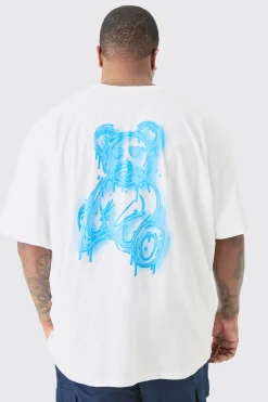 Plus Drippy Teddy Back Print Graphic T-shirt In White | BoohooMAN UK