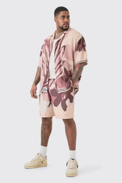 Plus Drop Revere Abstract Flower Shirt & Short Set | BoohooMAN UK