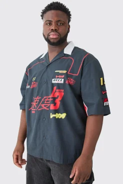 Plus Drop Revere Cotton Poplin Moto Applique Shirt | BoohooMAN UK