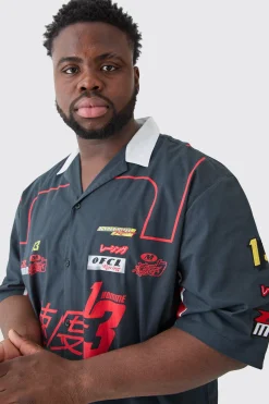 Plus Drop Revere Cotton Poplin Moto Applique Shirt | BoohooMAN UK
