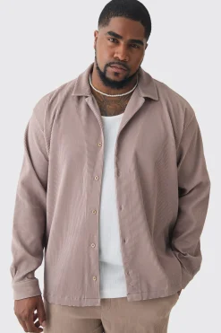 Plus Drop Revere Long Sleeve Pleated Shirt In Mocha | BoohooMAN UK