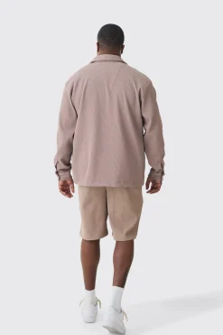 Plus Drop Revere Long Sleeve Pleated Shirt In Mocha | BoohooMAN UK