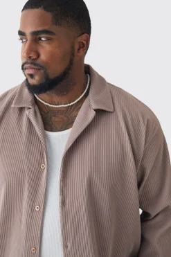 Plus Drop Revere Long Sleeve Pleated Shirt In Mocha | BoohooMAN UK