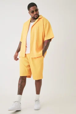 Plus Drop Revere Pleated Shirt & Short Set In Yellow | BoohooMAN UK
