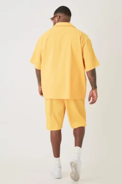 Plus Drop Revere Pleated Shirt & Short Set In Yellow | BoohooMAN UK