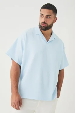 Plus Drop Revere Pleated Polo In Blue | BoohooMAN UK