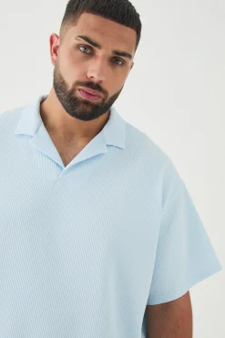 Plus Drop Revere Pleated Polo In Blue | BoohooMAN UK