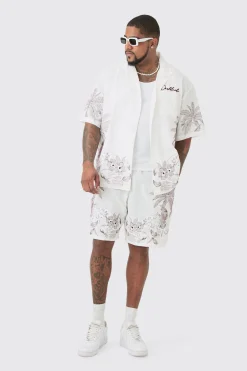 Plus Drop Revere Seersucker Embroidered Floral Shirt & Short Set | BoohooMAN UK