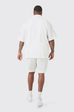 Plus Drop Revere Seersucker Embroidered Floral Shirt & Short Set | BoohooMAN UK