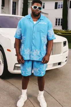 Plus Drop Revere Seersucker Embroidered Floral Shirt & Short Set | BoohooMAN UK