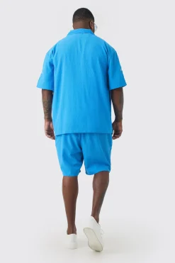 Plus Drop Revere Seersucker Embroidered Floral Shirt & Short Set | BoohooMAN UK