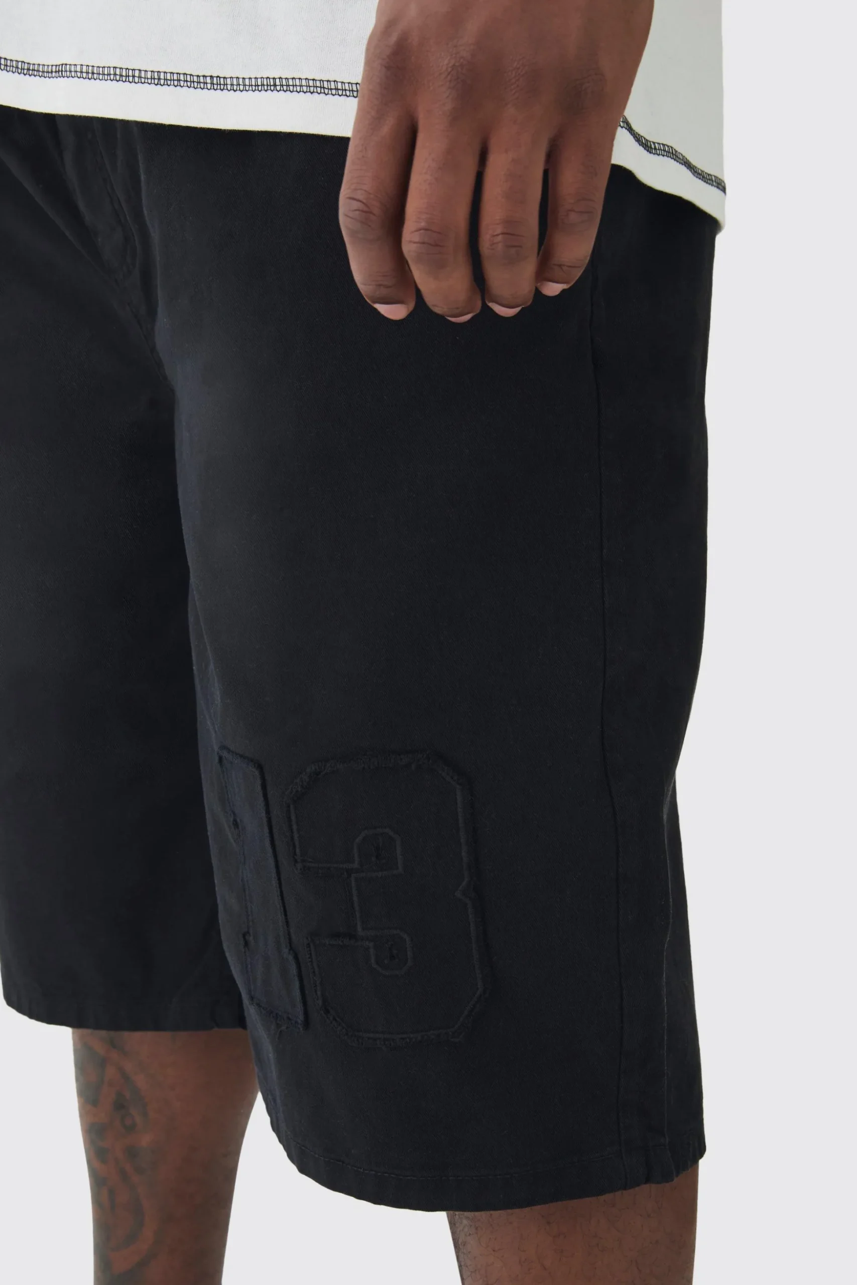 Plus Elasticated Waist Applique Jorts | BoohooMAN UK