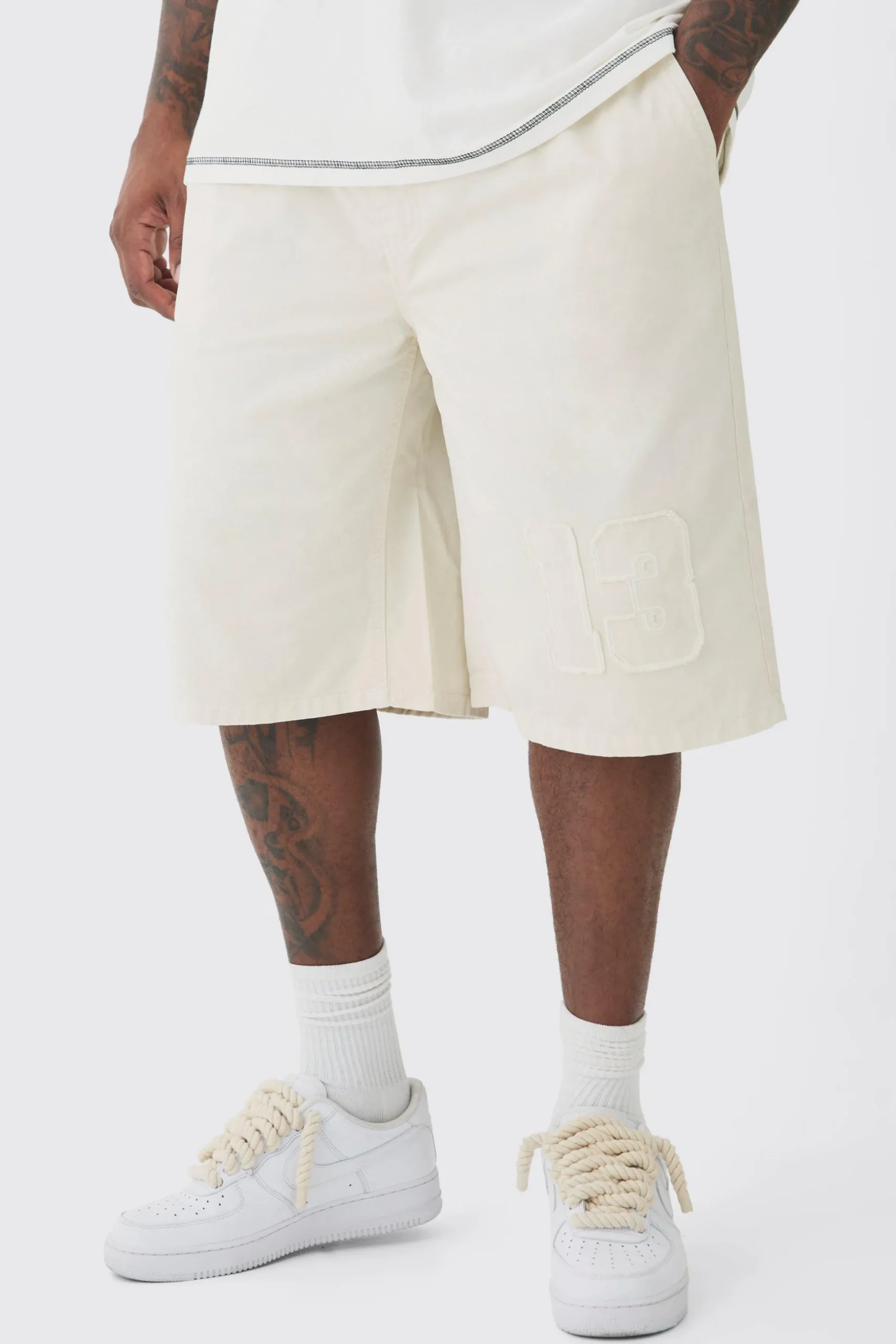 Plus Elasticated Waist Applique Jorts | BoohooMAN UK