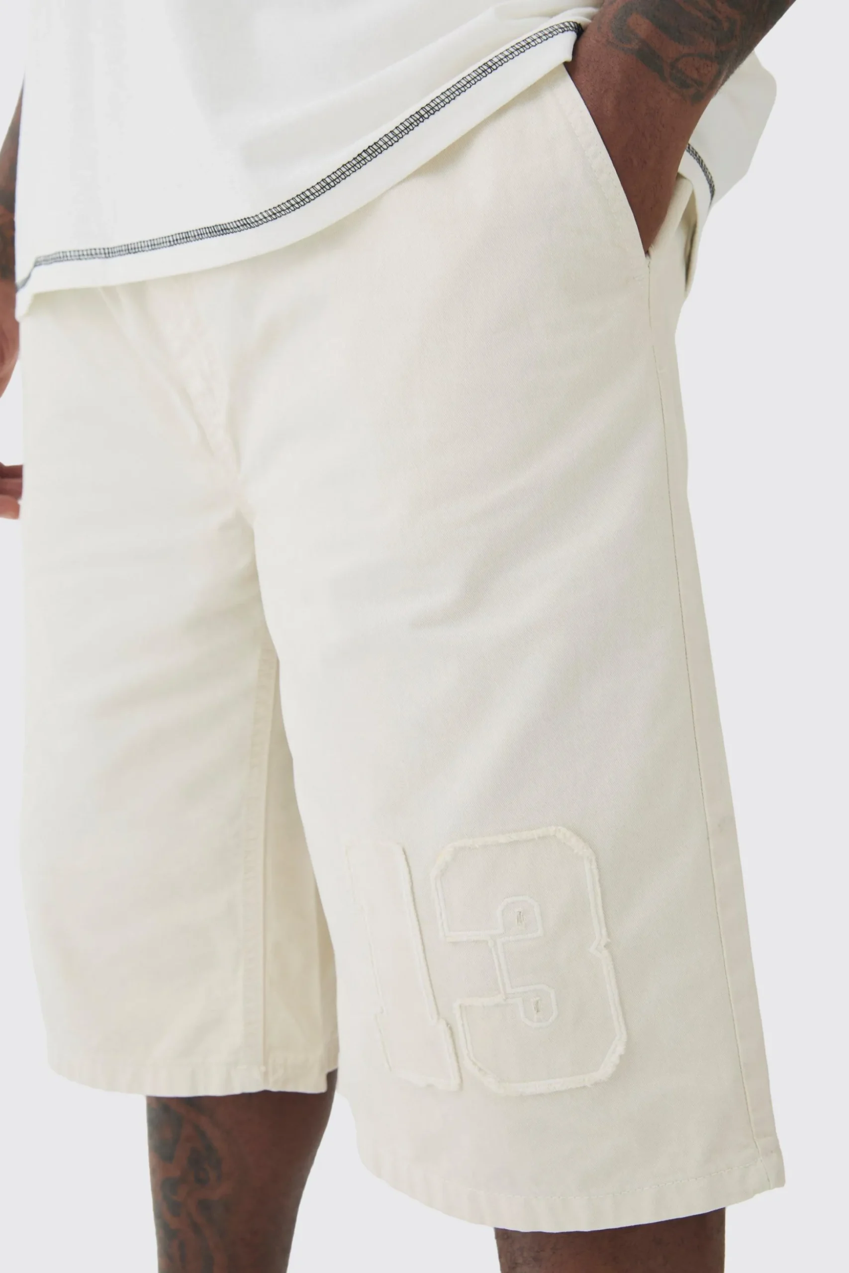 Plus Elasticated Waist Applique Jorts | BoohooMAN UK