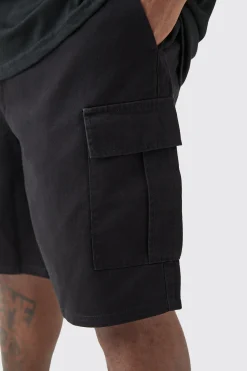 Plus Elasticated Waist Black Relaxed Fit Cargo Shorts | BoohooMAN UK