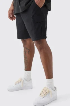 Plus Elasticated Waist Black Slim Fit Cargo Shorts | BoohooMAN UK
